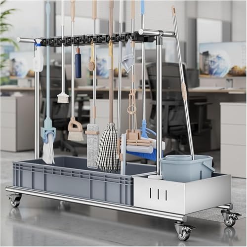Support mobile pour balai et balai avec roulettes. Fournitures de nettoyage polyvalentes. Chariot de rangement pour outils de jardin, balais, placard, égouttoir et support de parapluie pour la maison