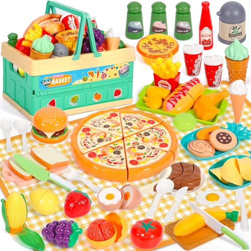 TEBOKHAD Giocattolo Da Taglio per Cucina per Bambini, 52 Pezzi Accessori Cucina Bambini Set Con Rutta Da Tagliare E Verdura Giocattolo, Pizza, Cibo Finto, Giochi Montessori, Regalo per 3 Anni