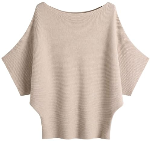 SUNSESS Women's Batwing Sleeve Jumper Boat Neck Off Shoulder Knit Oversized Pullover Sweater for Layering Casual Tunic Top (UK, Alpha, One Size, Regular, Regular, Standard, Khaki)