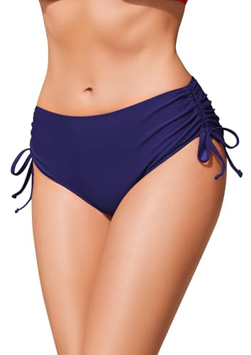 Ekouaer Women's Bikini Bottoms Adjustable Drawstring with Side Tie Stretchy Swimsuit Swim Bottom Mid Waist Swimwear Swimming Briefs Navy M