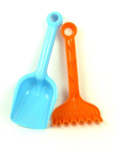 Gowi 559-21 Schaufel und Rechen Set, 22cm, farblich sortiert, Sandkästen und Sandspielzeug, Blau, Rot, Gelb, Orange