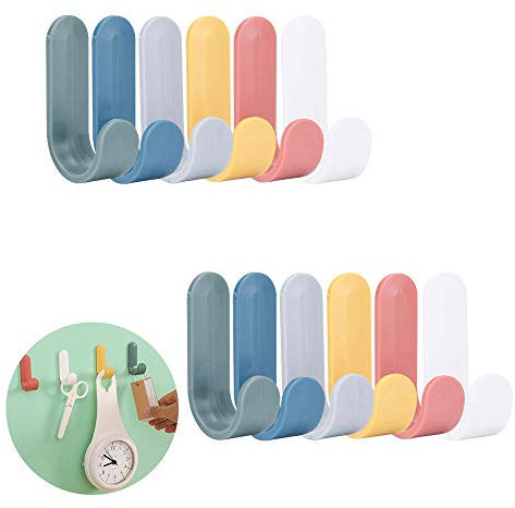 LWZko 12 Pezzi Ganci Adesivi Parete per Appendere, Gancio Parete Appendino, Ganci Adesivi In Plastica, ABS Plastica Creativo Carina J Forma Ganci per Asciugamano, Chiavi, Cappotto, Borse (6 Colori)