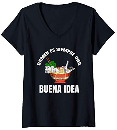 Mujer Anime Animal Gato Kawaii Fideos Comida Japonesa Ramen Camiseta Cuello V