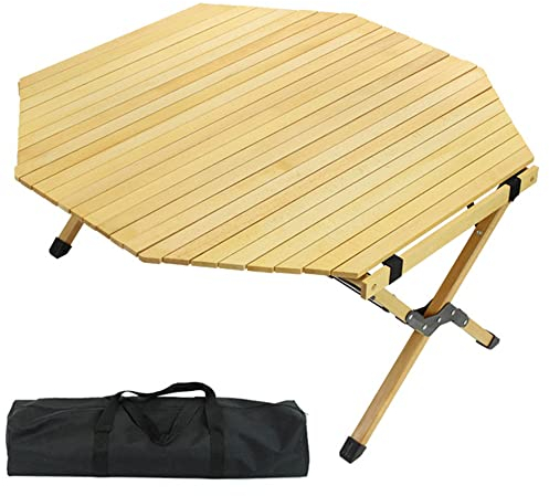 Klzzuk Table Pliante de Camping, Bureau Octogonal en Hêtre, Table Pliante Extérieure en Bois Massif avec Sac de Transport pour la Plage, Le Barbecue, la Terrasse, Le Jardin, Le Camping, Les Voyages