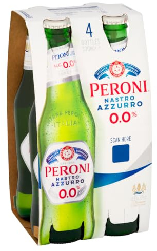 Peroni Nastro Azzurro Alcohol Free Beer, 0.0% ABV- A Light Bodied Non Alcoholic Beer Alternative. Refreshing & Crisp Taste with a Clean Finish 4 x 33cl Glass Bottles