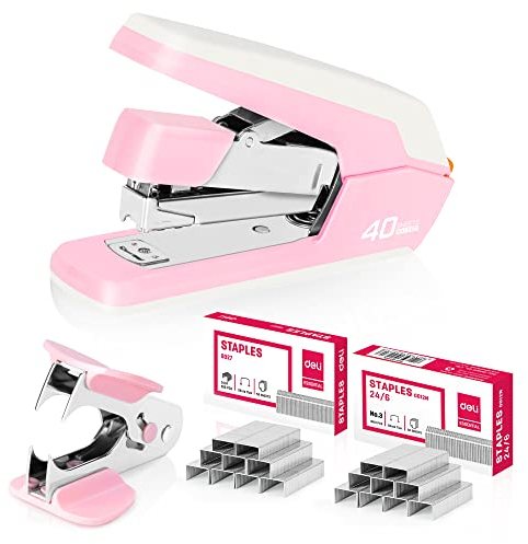 Deli Effortless Desktop Stapler, Heavy Duty Stapler, 40-50 Sheet Capacity, One Finger, No Effort, Includes 1500 Staples & Staple Remover, Pink