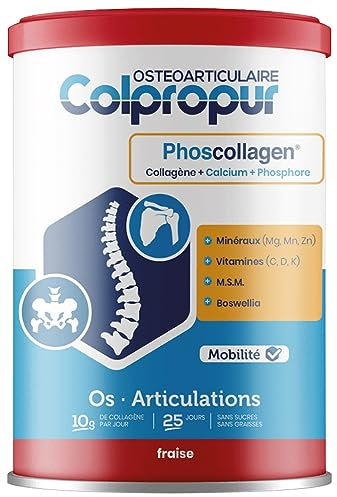 Collagène Articulations & Os en poudre – COLPROPUR Ostéo – Phoscollagène® + Boswellia + MSM – Collagène hydrolysé type 1 et 2 340g – 25 doses 10g par dose – Saveur Fraise – Fabriqué en EUROPE