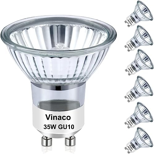 Vinaco GU10 Halogen Leuchtmittel, 6er-Pack Gluhbirn GU10 35W Lange Lebensdauer, GU 10+C 230V 35W Dimmbar Warmweiß 2800K, Hoher Output Leuchtmittel GU 10 Halogen 35 W für Schienenlicht, Einbauleuchte