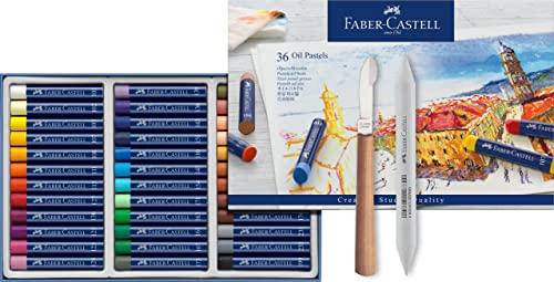 Faber-Castell 127036 - Permanente Ölpastellkreide Studio Quality, 36er Etui Malset inklusive Papierwischer und Handgearbeitetes Vielzweckmesser/Radiermesser