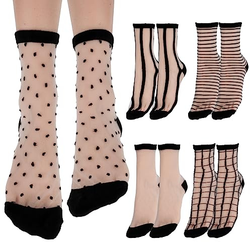 5 Pares Calcetines Transparentes a Cuadros con Lunares a Rayas a Cuadros calcetines Tobilleros Mujer Verano Negros Hasta el Tobillo Calcetines de Verano de Malla Transparente para Mujer Moda Fina