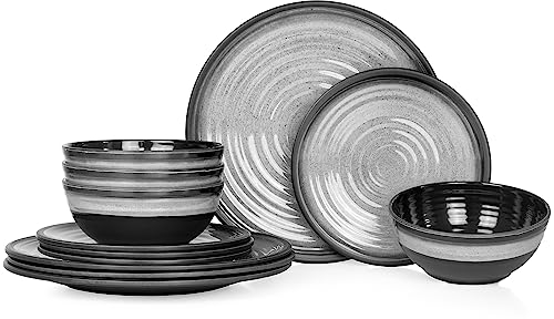 Camping Tafelgeschirr aus Melamin für 4 Personen 12-teilig | spülmaschinenfest | Picknick Geschirrset | Geschirr Campinggeschirr I Stone Grey Design