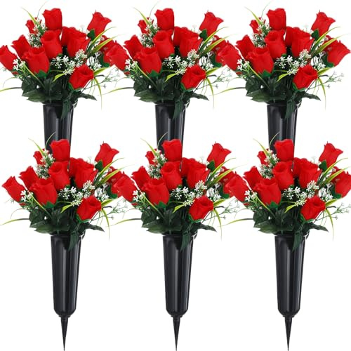 Tigeen 6 juegos de flores artificiales de cementerio de Navidad con jarrón de tumba, 12 racimos de rosas conmemorativas de Acción de Gracias, 84 cabezas, flores de cementerio de seda falsa para