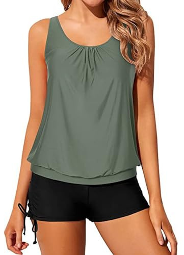 2 Piece Tankini Sets for Women UK, Athletic Swimming Costume with Sports Bra, Tummy Control Swimsuit with Shorts (UK, Alpha, XL, Regular, Regular, Green)
