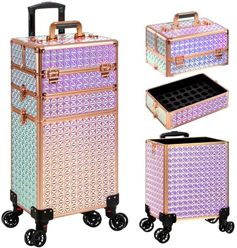 JINGUAN 3 in 1 Rolling Makeup Train Case Professional Large Cosmetic Trolley Cosmetology Case on Wheels Traveling Cart Trunk for Hairstylist Artist Nail Beauty Salon Barber, Colorful