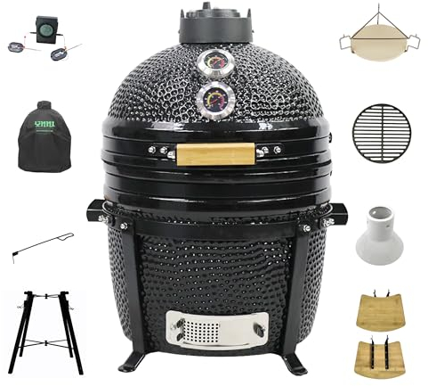 YNNI KAMADO TQTT15BLN 15.7 Free Standing Kamado with Trolley and Side Tables Grill, BLACK, BBQ, Ceramic, Egg, Smoker, Bundle with Extras TQTT15BLN