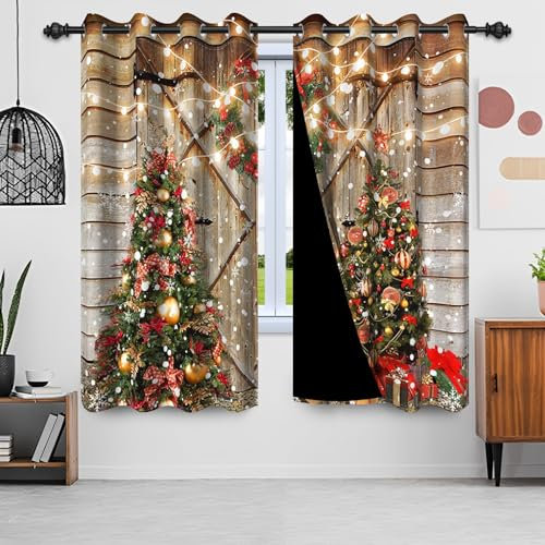Uiiooazy Gardinen Weihnachten, Vorhänge Winter Weihnachtsbaum Schneeflocke Holzbrett Rustikal Thermogardinen Blickdicht mit Ösen Verdunklungsvorhänge für Wohnzimmer Schlafzimmer, 2er Set, 140Bx225Hcm
