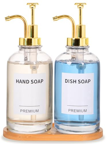 Dish Soap Dispenser for Kitchen, Hand Glass Soap Dispenser Set with Pump, Tray, Funnel for Bathroom, Shower, Laundry, Liquid, Lotion (Gold 2 Pack 18 Oz Clear Bottles with 12 Stickers)