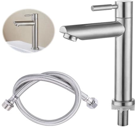 FENYW Grifo de agua fría para invitados, grifo de baño solo agua fría con manguera de conexión de 80 cm, grifos con caño de 110 mm de altura para baño, aseo de invitados, cocina, lavabo