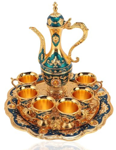 Vintage turkisk tekanna set metall kaffekanna med 6 koppar europeisk vinkastrullsats klassisk turkisk te-service antik stil kaffebryggare unik present till teälskare