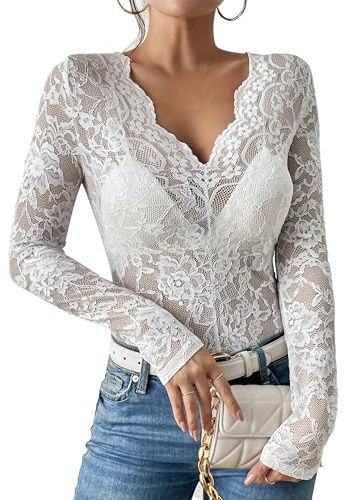 AIEOE Donne Tops Maniche Lunghe V- Scollo Pizzo Clubwear Top Pizzo Trasparente Camicia Tunica Floreale Taglia S Bianco