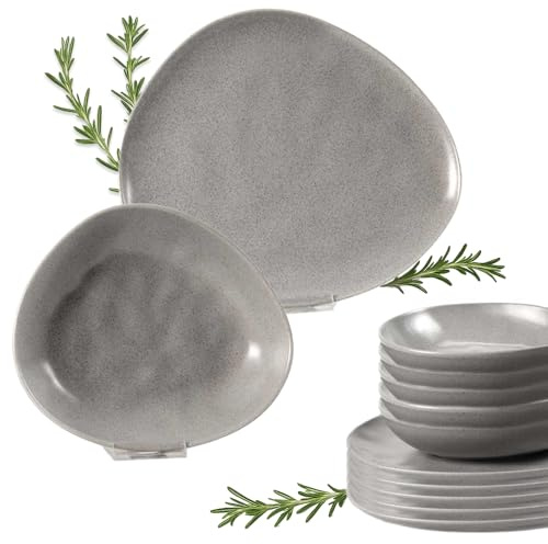 Ma Maison Servizio Piatti per 6 Persone Set 12 Pezzi Moderni di Design da Tavola -in Ceramica, 6 Piatti Piani Ø 30-6 Piatti Fondi Ø 23, Ristorante,Triangolari - Lavastoviglie (Nebbia di Carrara)