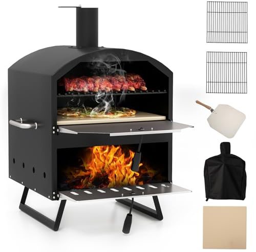TANGZON Outdoor Pizza Oven, 2 Tier Wood-fired Pizza Maker with Waterproof Cover & Pizza Stone, Outdoor Garden Patio BBQ Pizza Cooker for Meat Fish Veg (with 2 Grills, 60 x 53 x 82 cm)