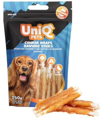 UNIQ Pets Bastoncini da masticare per cani con carne di pollo, 250 g, ossa da masticare per cani di piccola e media, snack senza glutine, snack per cani per la cura dei denti, rullo duro e ricco di