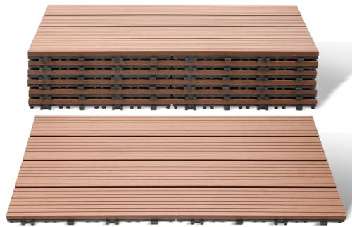Peviasot 30 x 60 cm WPC-terrassplattor, 36 stycken / 6 m² WPC-plattor, balkongplattor, vattenbeständiga och halkfria, med dränering och klicksystem, lätta att lägga, brun