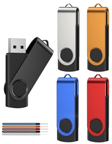 Kepmem Memoria USB 2.0 de 2 GB – Diseño Giratorio metálico (Paquete de 5) – hasta 15 MB/s – con luz indicadora LED – Set de Mini memorias de Datos con Clip Giratorio de Colores