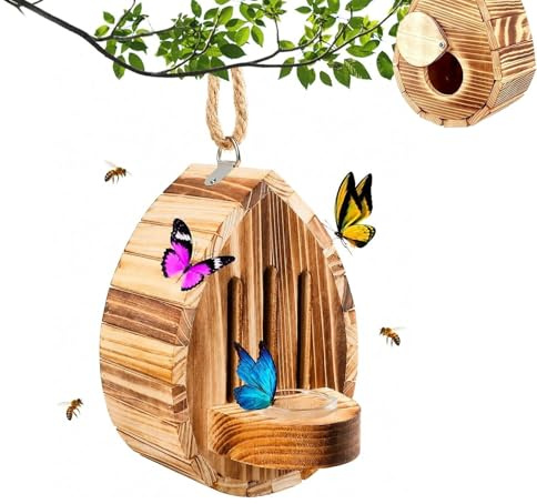 Casa De Mariposas para Jardín,Casa De Butterfly,Madera De Hábitat De Butterfly con Estación De Alimentación, Teardrop-Shaped Wooden Habitat Feeder,para Decoración De Jardín, Patio,Balcón(A)