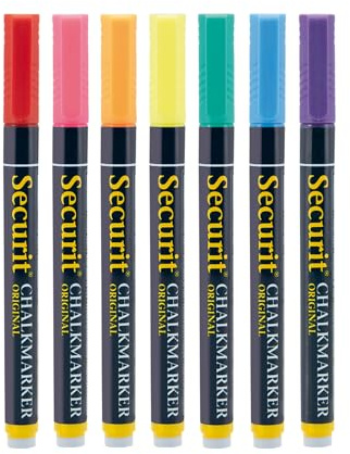 SECURIT - Set Da 7 Pennarelli A Gesso Liquido Assortiti - Per Lavagne, Vetro, Metallo, Porcellana, Specchio, Plastica - Punta Fina 1-2mm - Colori Rosso, Blu, Arancione, Giallo, Rosa, Verde, Viola