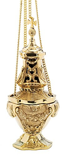 NKlaus Quemador de Incienso de Navidad Oro Grande con Cadena 90cm Cruz giratoria decoración tazón Interior para el Incienso 7639
