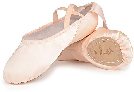 Bezioner Satin Dance Shoes Split Leather Sole Ballet Slippers with Ribbon