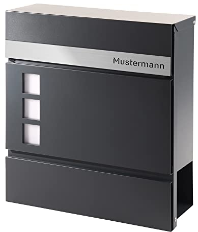 Buzón moderno de exterior con nombre y ventanas, buzón americano personalizado, buzón gris antracita con fijación a la pared, compartimento para periódicos