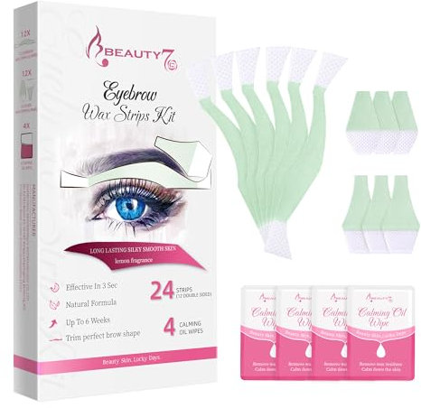 Strisce di Cera Depilatorie del Sopracciglio Pronte All'uso, Confezione da 24 Strisce con 4 Pezzi Salviette Detergenti Olio Beauty7