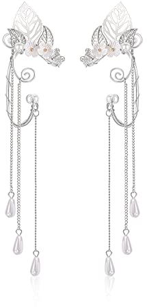 HIFOT Elfen Ohrringe für Damen Silber, Blätter Elfen Ohren Manschette Ohrclips Damen Ohne Ohrlöcher Perlen Blume Ohrringe für Elben Kostüm Feenkostüme Frauen Halloween Cosplay Kostüm