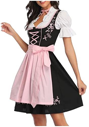 tuduoms Women Oktoberfest Costumes Beer Girl Puff Sleeve German Dresses Halloween Bavarian Dirndl Dresses Oktoberfest Outfits Pink