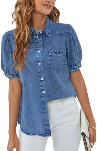 BMJL Womens Denim Shirt Business Casual Button Down Work Blouses Puff Sleeve Summer Tops, Blue, XXL
