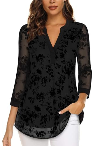 Timeson Women's Business Casual Tunic Tops, 3/4 Sleeve, Loose Fit, Dressy V-Neck, Floral Black