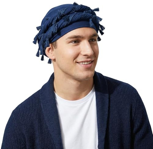 HIQIU Turbante Durag Vintage para hombre, con forro de satén, para cuello, turbante trenzado, durag, azul marino, 58/60 cm
