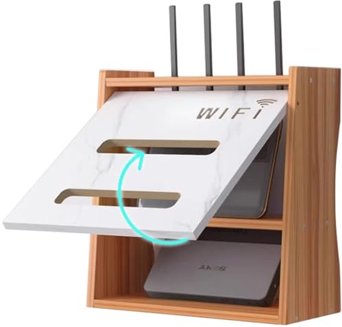 PUIOTEAI Router Shelf, Box Shelves for Wall, Desk Organizer for WiFi Router, Wifi Storage Cabinet Wall Mounted, Household Power Cord Arrangement Box for Bedroom, Living Room(Brown)