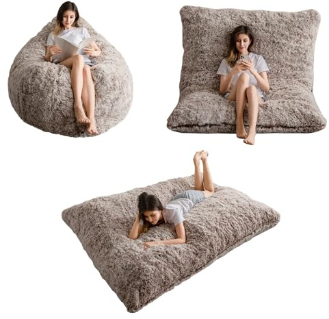 MAXYOYO Giant Bean Bag Bed - Square Bean Bag Chair - Large Sofa with long Faux Fur Cover and Fluffy Filling Included for Adult, Couples, Guest (Brown, Queen)