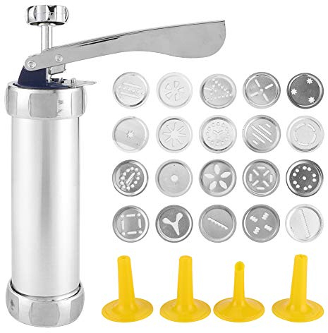 Lybunair Stainless Steel Cookie Extruder Press Kit with 20 Unique Moulds and 4 Piping Tips, Squeeze Biscuit Dough Dispenser for Baking and Decorating