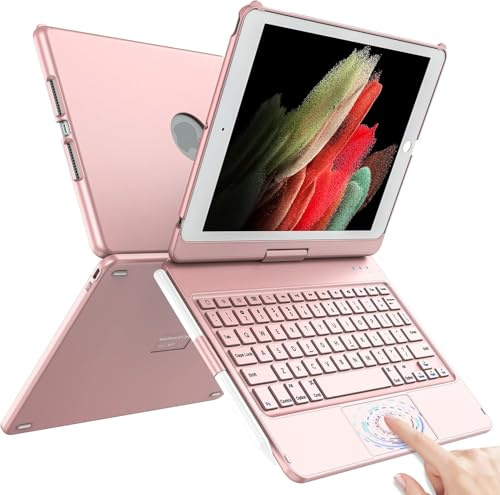 TQQ Tastatur Hülle für iPad 10.2 Zoll (7., 8. und 9. Generation) mit Präzisions-Trackpad, Notebook-ähnlicher Tastatur mit 10-Farbige Hintergrundbeleuchtung, 360° Drehbar, Deutsches QWERTZ-Layout