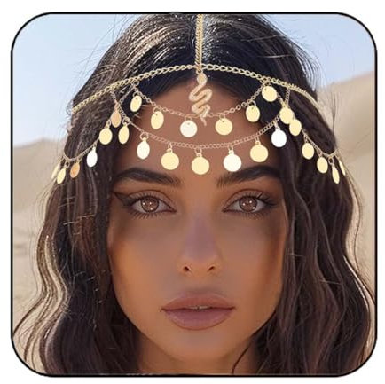 Reaky Pailletten-Kopfkette, goldfarben, Schlangenhaarkette, ägyptischer Kopfschmuck für Damen, Metalllegierung