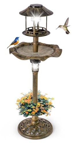 SOARS Mangeoire Oiseaux 2 Lampes à Energie Solaire Ø43 x 110H cm, Abreuvoir pour Oiseaux Sauvages Décoration pour Extérieur Style Antique Effet Bronze, Bain Oiseau pour Jardin, Balcon (Bronze Jaune)