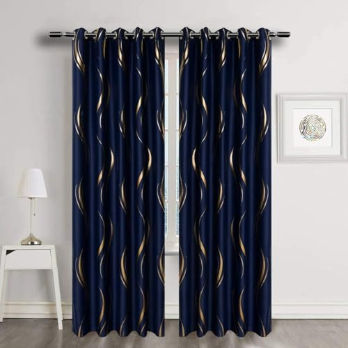 MYRU 2 Panels Set Luxury Striped Blackout Curtains for Bedroom Living Room (Navy and Gold, 2 x 66x106 Inch)