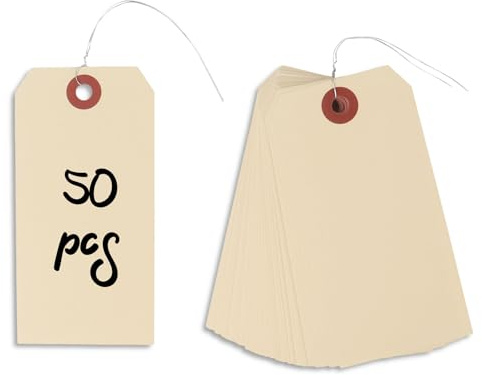 Dmnnlp Große Papieranhänger mit Draht, 12 x 6 cm, blanko, zum Markieren von Gepäck, Geschenken, Preisen, Kleidung, Versand und Inventar-Etiketten, cremefarben, 50 Stück