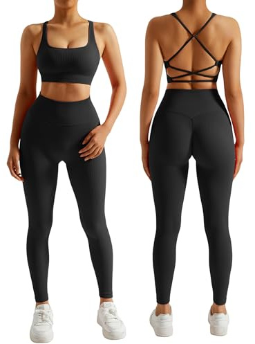 RXRXCOCO Ensemble de sport côtelé pour femmes - Ensemble de gym - Débardeur sans couture et leggings sans couture - Fitness, Noir , S