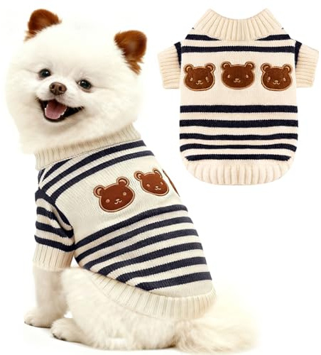 AXIIJGL Dog Sweaters for Small Dogs with Cute Bear Pattern, Striped Soft Stretchable Warm Puppy Clothes for Small Dogs Cats, French Bulldog, Chihuahua for Winter